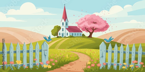 Fototapeta A serene church scene with a vibrant tree, blooming flowers, and two cheerful birds, showcasing the beauty of nature harmoniously blending with architectural serenity.