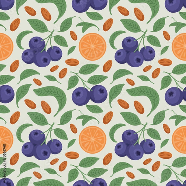 Fototapeta A delightful illustration featuring a mix of blueberries, oranges, and leaves, ideal for backgrounds in personal or commercial projects celebrating nature and freshness.