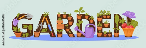 Fototapeta This vibrant illustration showcases the word 'GARDEN' made of various gardening tools and plants, symbolizing the joy of gardening and nature's beauty clearly.