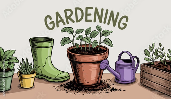Fototapeta This vibrant illustration features essential gardening tools, potted plants, and a watering can, symbolizing the joy and tranquility of gardening as a fulfilling hobby.