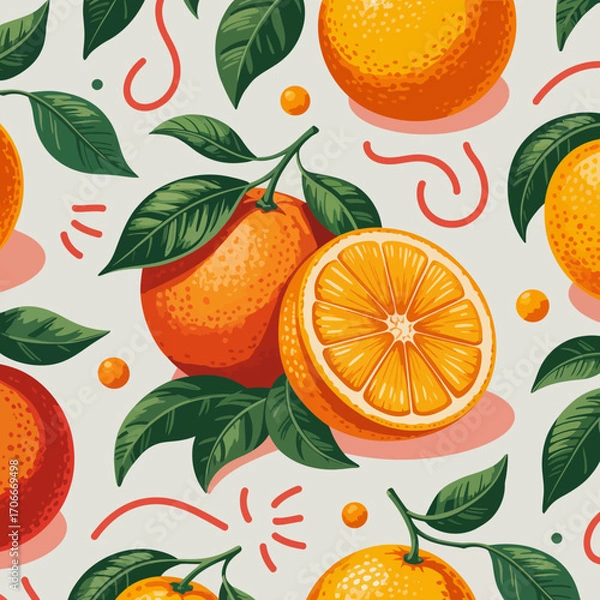 Fototapeta This lively illustrated pattern of oranges paired with lush leaves encapsulates a vibrant and fresh essence, ideal for various artistic and commercial uses.