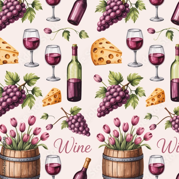 Fototapeta A vibrant and appealing pattern filled with wine bottles, glasses, grapes, and cheese imagery, ideal for conveying a relaxed social lifestyle or theme.