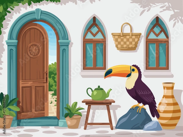 Fototapeta A beautiful doorway framed by charming plants and a toucan perched nearby, blending elements of nature and design to create a serene, inviting atmosphere.