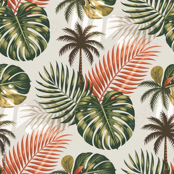 Fototapeta An intricate repeating pattern of tropical foliage, featuring lush green leaves and warm colors that evoke feelings of relaxation and tropical beauty.