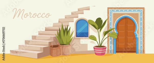 Fototapeta This image displays a traditional Moroccan entryway adorned with intricate designs, showcasing a beautiful blend of historical architecture and modern aesthetics.