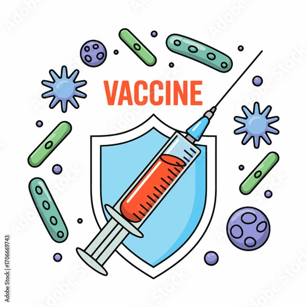 Fototapeta An illustration showcasing a syringe filled with vaccine, surrounded by various microbes, emphasizing the protective aspect of vaccines against diseases and infections.