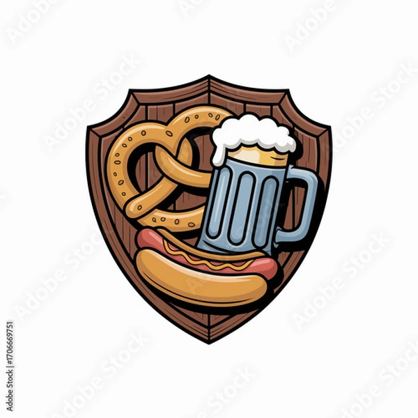 Fototapeta This delightful illustration showcases a tantalizing beer mug alongside a tasty pretzel and hot dog, all framed in a rustic wooden shield, ideal for food and drink themes.