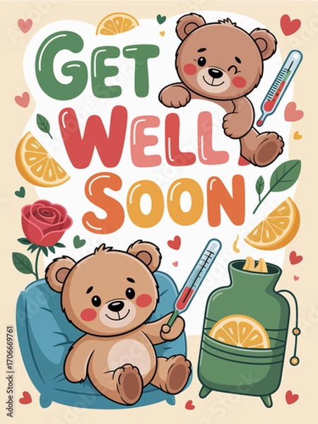 Fototapeta This delightful image showcases two playful teddy bears sitting comfortably, with playful elements and bright colors, enhancing the get well soon sentiment beautifully.
