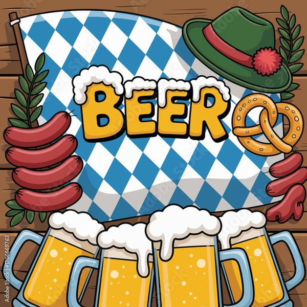 Fototapeta This colorful image conveys the spirit of Oktoberfest featuring beer mugs, pretzels, and sausage amidst a checkered backdrop, capturing the essence of German festivities and culture.