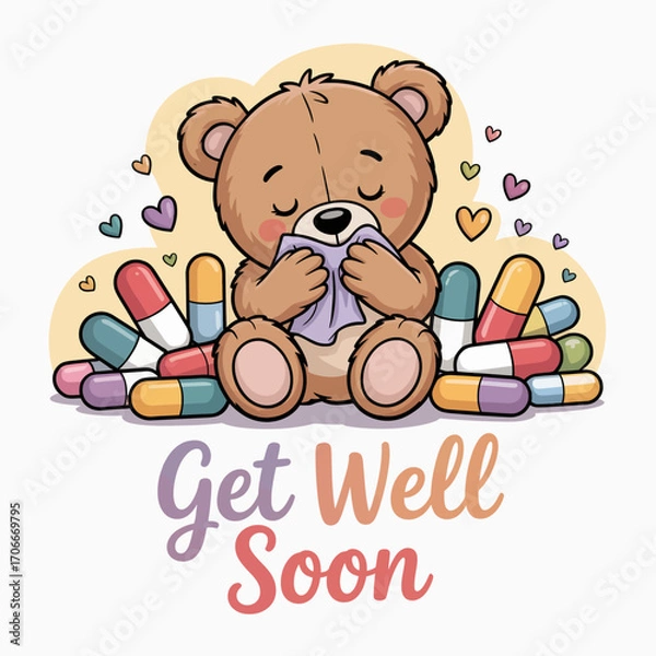 Fototapeta This delightful teddy bear, cherishing a small tissue, is surrounded by colorful capsules, imparting a soothing wish of wellness captured in the phrase 'Get Well Soon'.