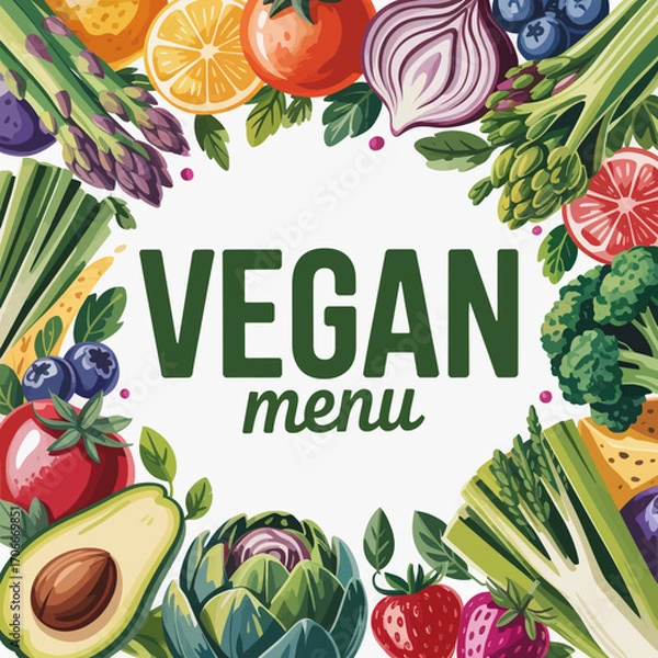 Fototapeta This artistic vegan menu illustrates an array of fresh ingredients, creating an inviting and appetizing representation of plant-based dining choices for health enthusiasts.