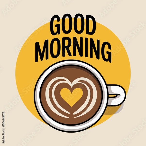 Fototapeta Beautiful top-down view of a coffee cup featuring intricate creamy foam art shaped like a heart, perfect for welcoming the day with warmth and love.