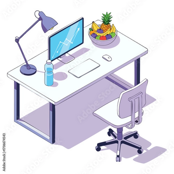 Obraz Isometric view of a desk with monitor lamp fruit bowl water bottle and chair