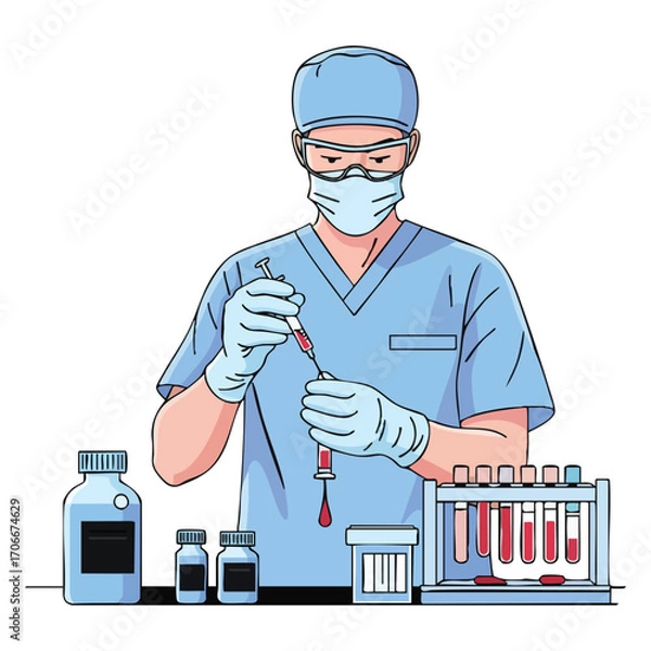 Obraz Lab worker in mask and scrubs draws blood into a syringe from a vial on a lab bench with vials and test tubes