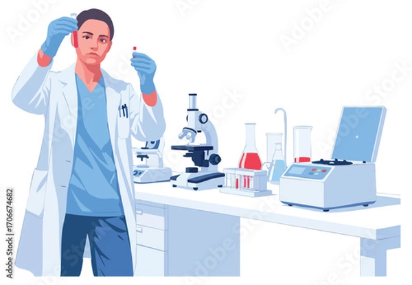 Obraz Scientist in lab coat examines vials amidst equipment like microscopes beakers and a centrifuge