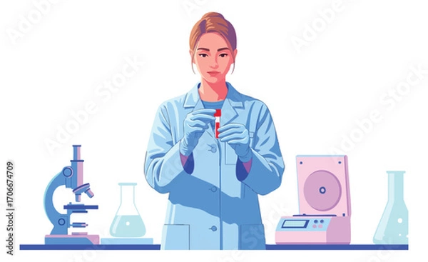 Obraz Scientist in lab coat holds test tube amidst lab equipment gazing forward
