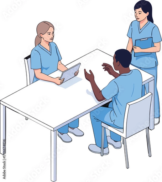Obraz Two medical staff seated at a table with a standing colleague