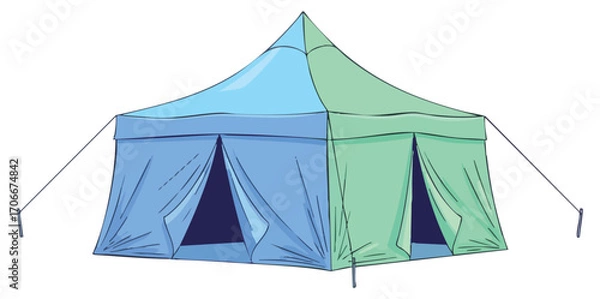 Obraz A blue  green camping tent w center top point 2 open door flaps ropes stakes on a white background