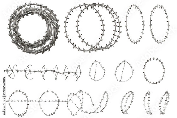 Obraz Collection of barbed wire designs isolated on white for graphic projects and design elements isolated on transparent background