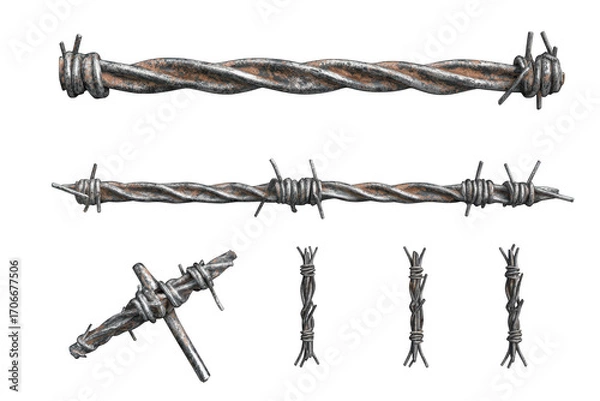 Obraz Collection of detailed barbed wire segments isolated for industrial or security themed projects isolated on transparent background