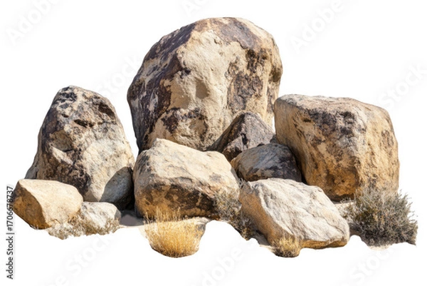 Obraz Massive boulders scattered in a dry desert landscape creating a stark natural scene isolated on transparent background