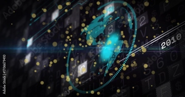 Fototapeta Displaying turquoise world map rotating within digital panel, segmented ring, gold dust, 2010 label