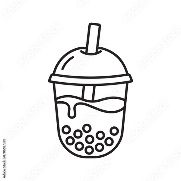 Fototapeta Bubble tea icon with tapioca pearls, boba milk tea in a plastic cup, simple line art vector
