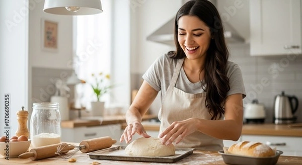 Obraz 幸せ笑顔 輝くキッチン パン生地捏ねる女性. AI Generated