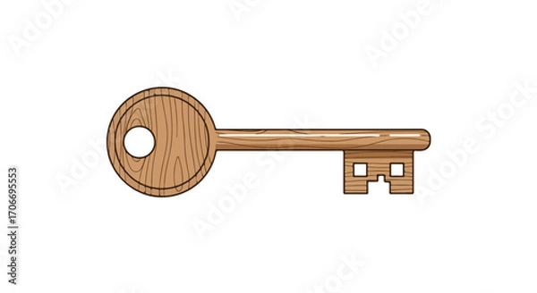 Fototapeta Whimsical wooden key illustration, a vintage-style passkey offering access and unlocking secrets, isolated on white