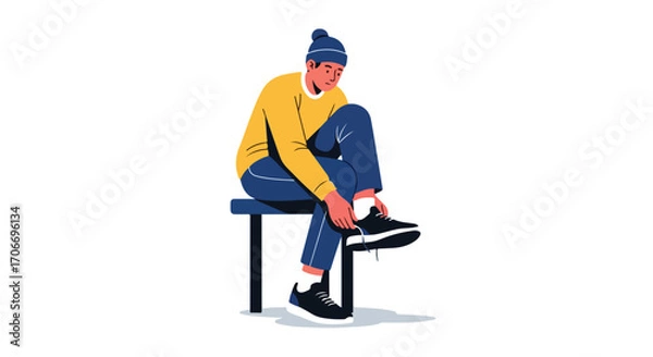 Fototapeta Illustration of a seated man tying his shoelaces, preparing for a workout or casual outing with a focus on minimalist design aesthetics
