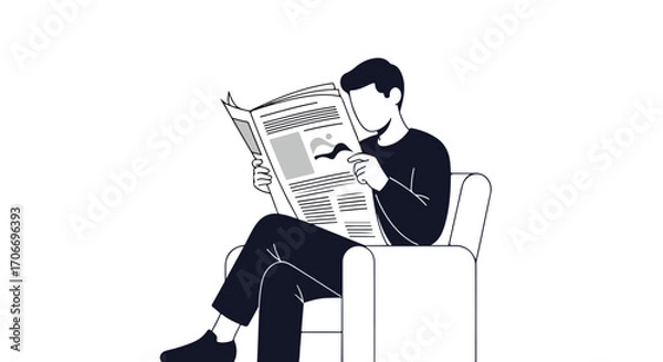 Fototapeta Minimalist illustration of a man relaxing in an armchair while reading a newspaper conveying leisure and tranquility with monochrome palette