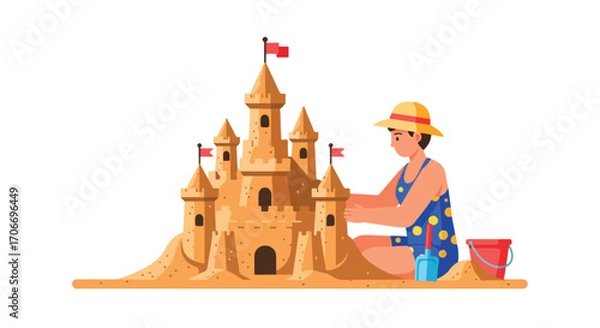 Fototapeta Illustrative sandcastle creation featuring a person on the beach with a bucket and shovel perfect for summer vacation fun