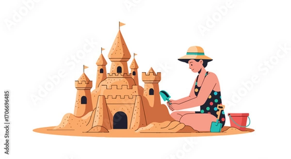 Fototapeta A cheerful summer scene featuring a woman building an intricate sandcastle on the beach, complete with turrets and flags, under a sunny sky in a