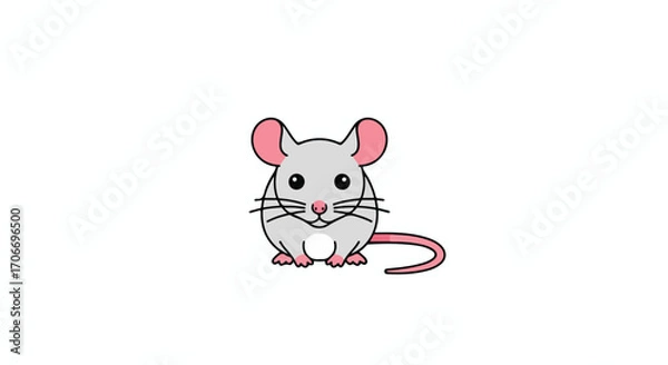Fototapeta Charming cartoon mouse with a cute expression, poised on a white background, for children's illustrations and whimsical designs
