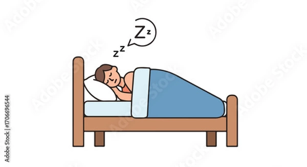 Fototapeta Illustration depicting a man peacefully sleeping soundly in his bed with whimsical "Zzz" sound effects above him as he rests at home