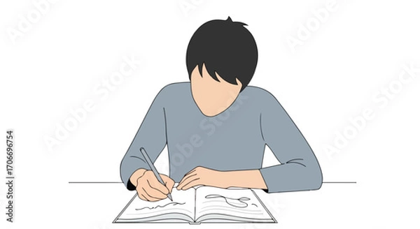 Fototapeta Person writing or drawing in a notebook, illustration, creative process, artistic expression, journaling, brainstorming, studying visualized