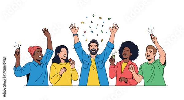 Fototapeta Multicultural group joyfully celebrating with confetti and party poppers against a white background showcasing unity