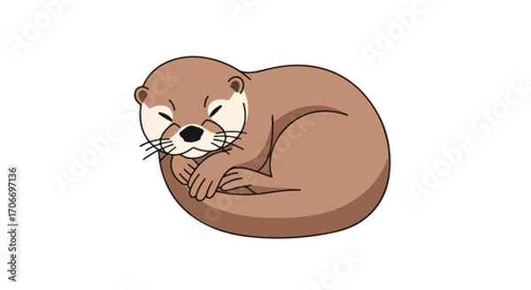 Fototapeta A cozy otter illustration, curled up for a restful nap against a clean white background, showcasing simplicity and tranquility in its design