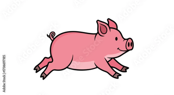 Fototapeta Cheerful cartoon depiction of a pink pig dynamically running with black outlines on a white background depicting lightheartedness and movement