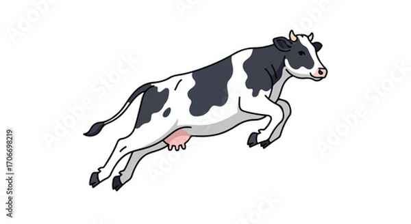 Fototapeta Animated dairy cow leaps playfully across a pristine white canvas creating whimsical imagery perfect for storybooks illustration or children's
