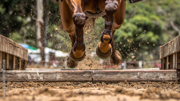 Fototapeta Dynamic Equine Agility Featuring a Horse Leaping Over a Wooden Obstacle Course