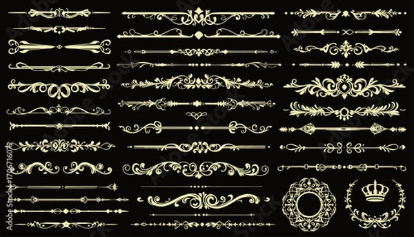 Fototapeta Elegant golden ornate dividers and decorative elements with flourishes and swirls on a black background, perfect for design.