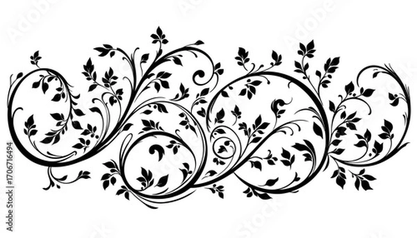 Fototapeta An elegant black floral flourish, featuring intricate swirling vines and delicate leaves, creates a sophisticated decorative vector graphic element.