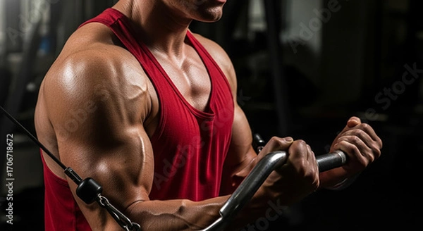 Fototapeta Bodybuilder doing heavy weight exercise for biceps on machine in gym