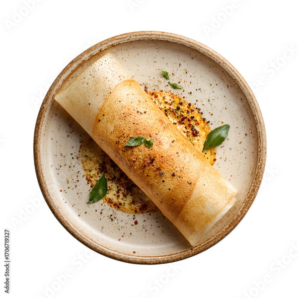 Fototapeta Masala dosa rolled and served on a ceramic plate with chutney and garnished with mint leaves, top view composition.

