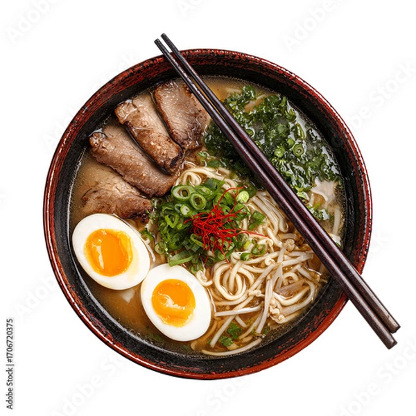Fototapeta A bowl of ramen with sliced pork, soft-boiled eggs, green onions, and seaweed, viewed from directly above.

