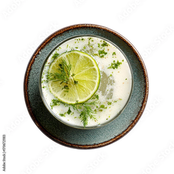 Fototapeta Refreshing mixed drink with lime slice and herbs on a ceramic plate, top view, studio shot.

