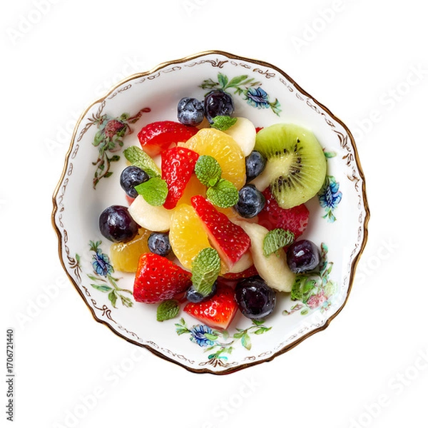 Fototapeta Fresh fruit salad with strawberries, blueberries, oranges, kiwi, and mint leaves, served in a decorative ceramic bowl, top view composition

