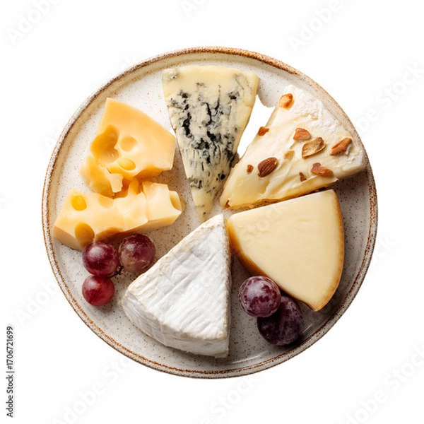 Fototapeta Assortment of artisanal cheeses and grapes arranged on a ceramic plate, top-down view.

