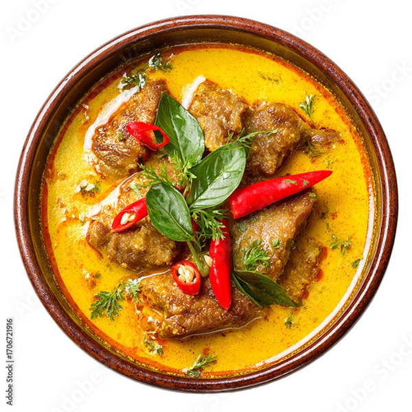 Fototapeta Spicy curry with meat and chili peppers in a ceramic bowl, top view, studio lighting

